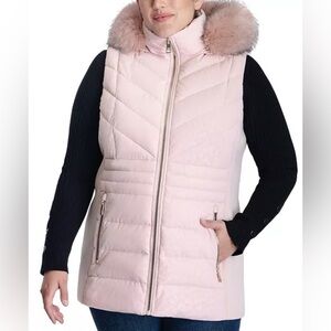 MICHAEL Michael Kors Pink Embossed Cheetah Print Faux-Fur-Trim Hooded Vest Sz S